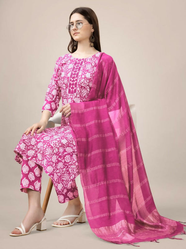 Jyoti Fashion Women's Pink Rayon Print with Embroidery & Fancy Lace Work Kurta with Trouser & Dupatta - Distacart