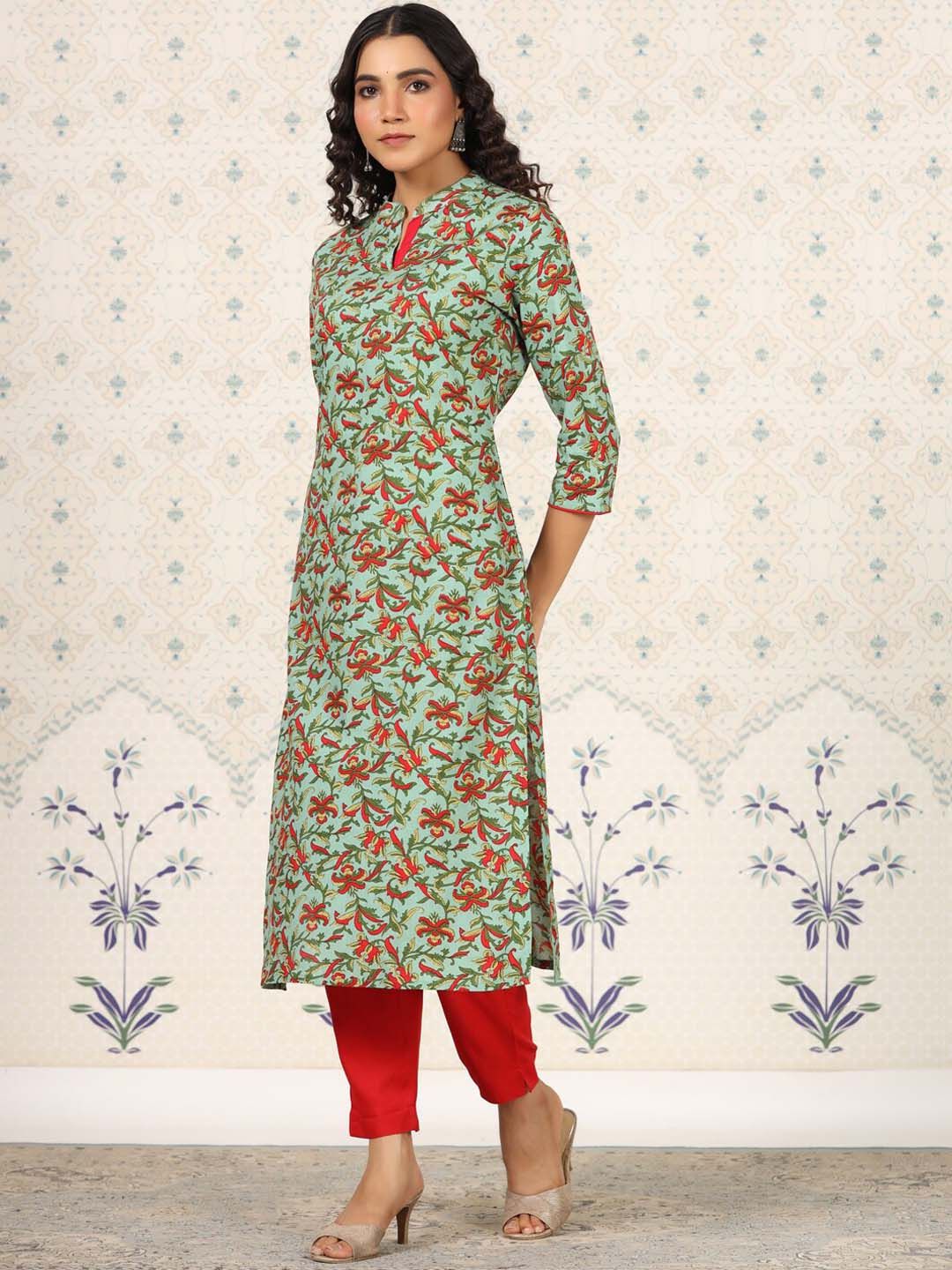 Ode by House of Pataudi Green Floral Printed Straight Kurta - Distacart