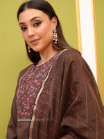 Thumbnail for Vishudh Brown Ethnic Motifs Embroidered Kurta & Trousers With Dupatta - Distacart