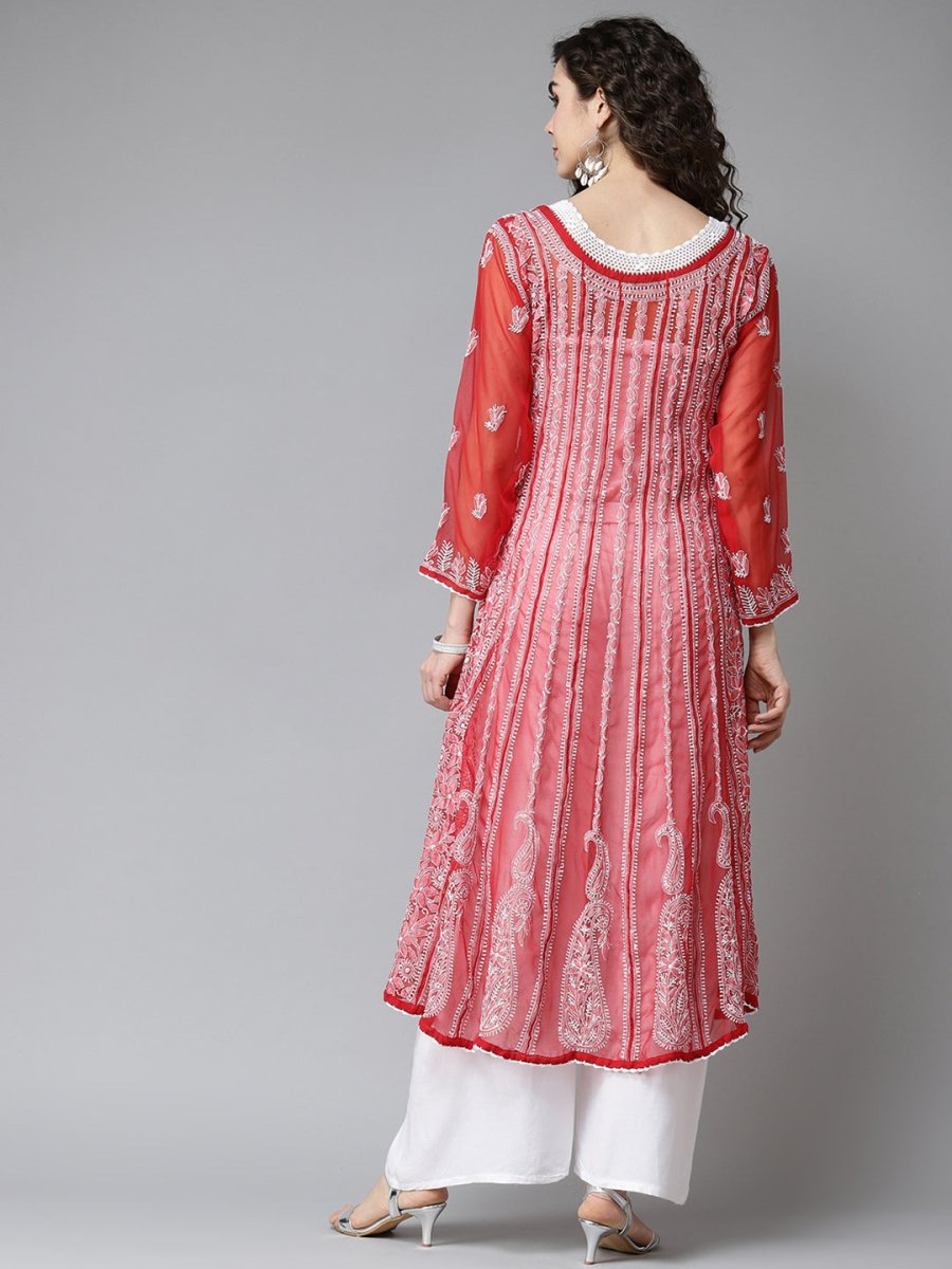ADA Women Red & White Ethnic Motifs Embroidered Chikankari Georgette Kurta - Distacart
