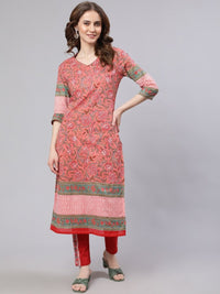 Thumbnail for Aks Pink Floral Printed Mandarin Collar Regular Pure Cotton Kurta With Trousers - Distacart
