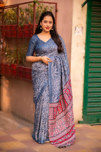 Thumbnail for Grey Silk Blend Ajrak Saree with Unstitched Blouse - A2M