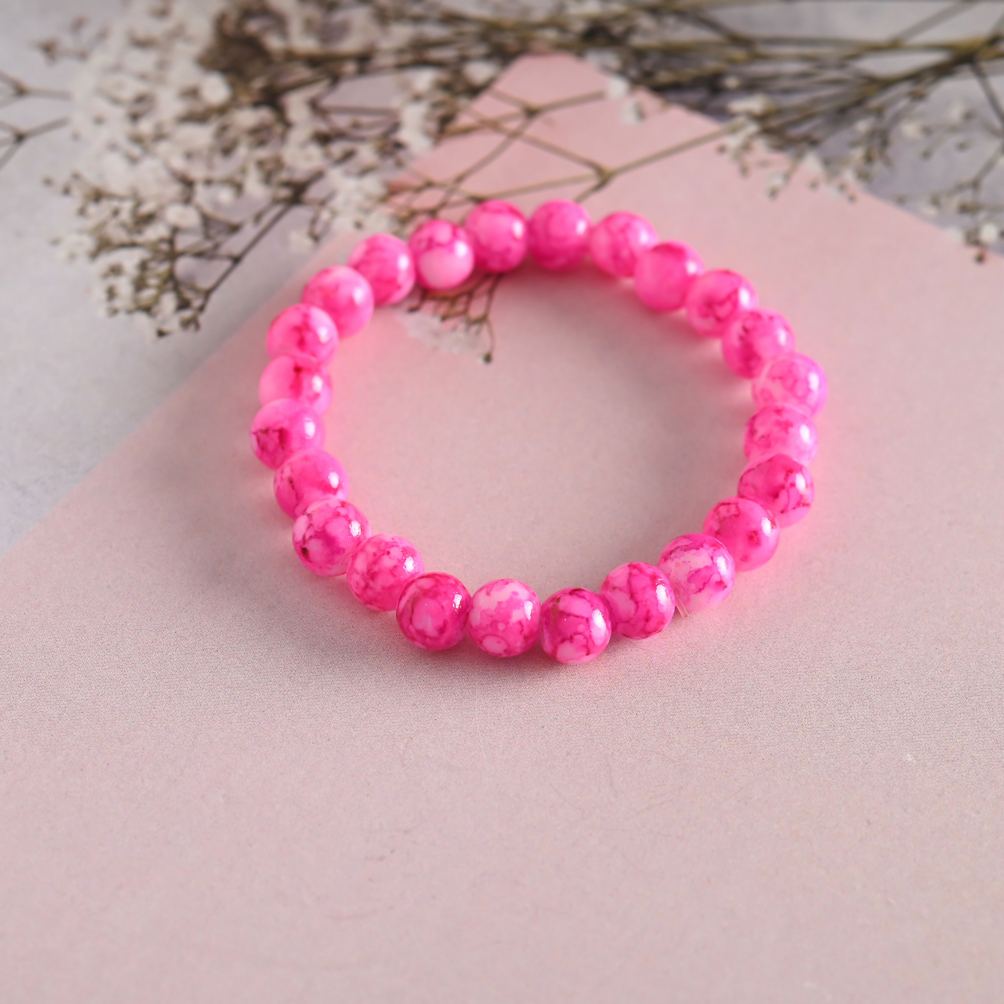 NVR Men & Women Pink Marble Crystal Beaded Elasticated Bracelet - Distacart