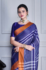 Thumbnail for Morchari Sky Blue Cotton Handloom Mirror Work Saree Unstitched Blouse