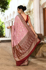 Thumbnail for Joban Fashion Nude Pink Crepe Chiffon Pure Handloom Banarasi Silk Saree