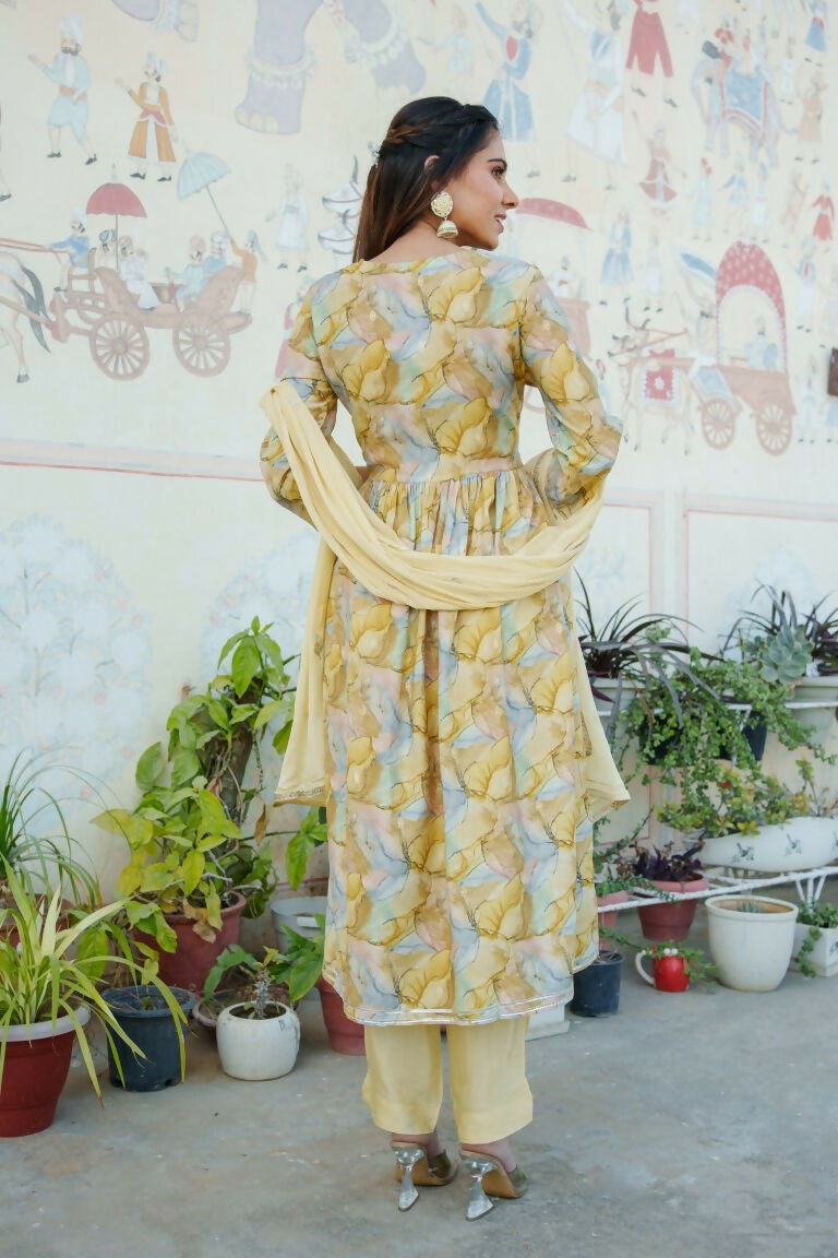 Vaasva Women Yellow Muslin Embroidered Kurta, Pant & Dupatta Set - Distacart