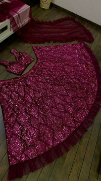 Thumbnail for Jyoti Fashion Women's Wine Velvet Thread with Sequins & Ruffle Border Work Designer Lehenga Choli Set