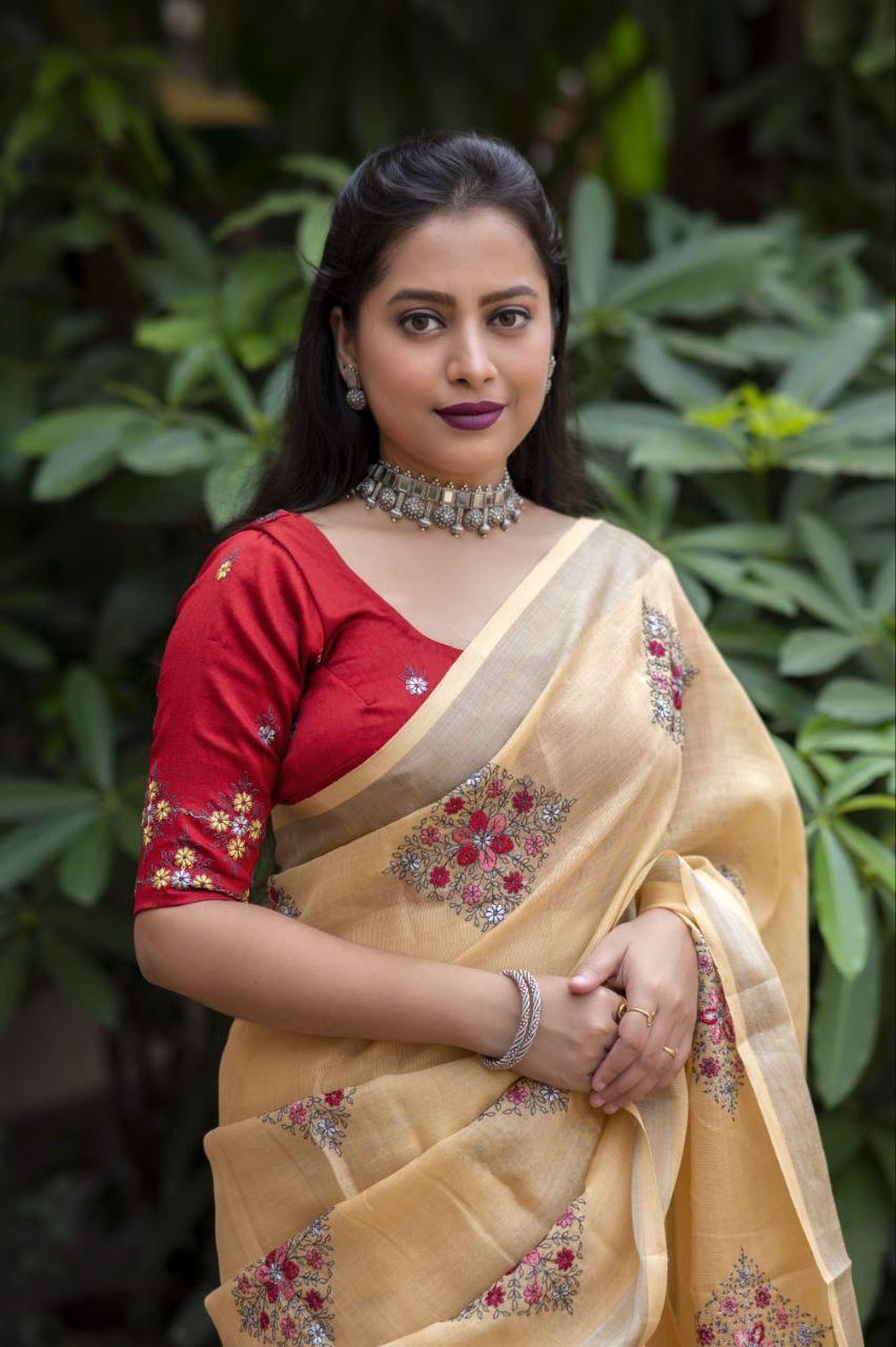 Yellow Pure Linen Ethnic Motifs Saree with Unstitched Blouse - A2M