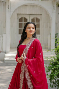 Thumbnail for Aastha Fashion Women's Rani Pink Faux Georgette Frill Work Anarkali Dress with Dupatta - Distacart