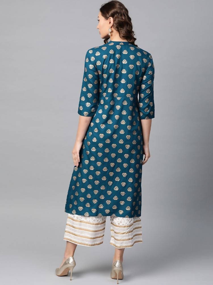 Anubhutee Teal Blue & Off-White Foil Print Kurta with Palazzos - Distacart