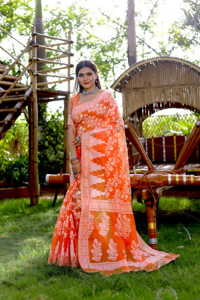 Partywear Designer Orange Jamdani contton Fancy Saree - Starwalk - Distacart