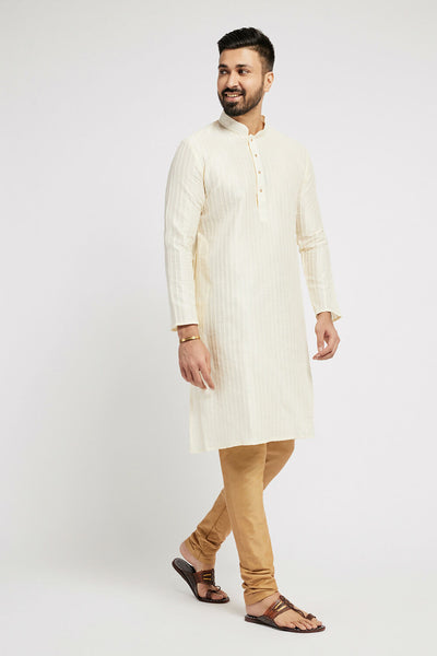 Ethnic India Cream Men's Kurta Striped Polyester - Distacart