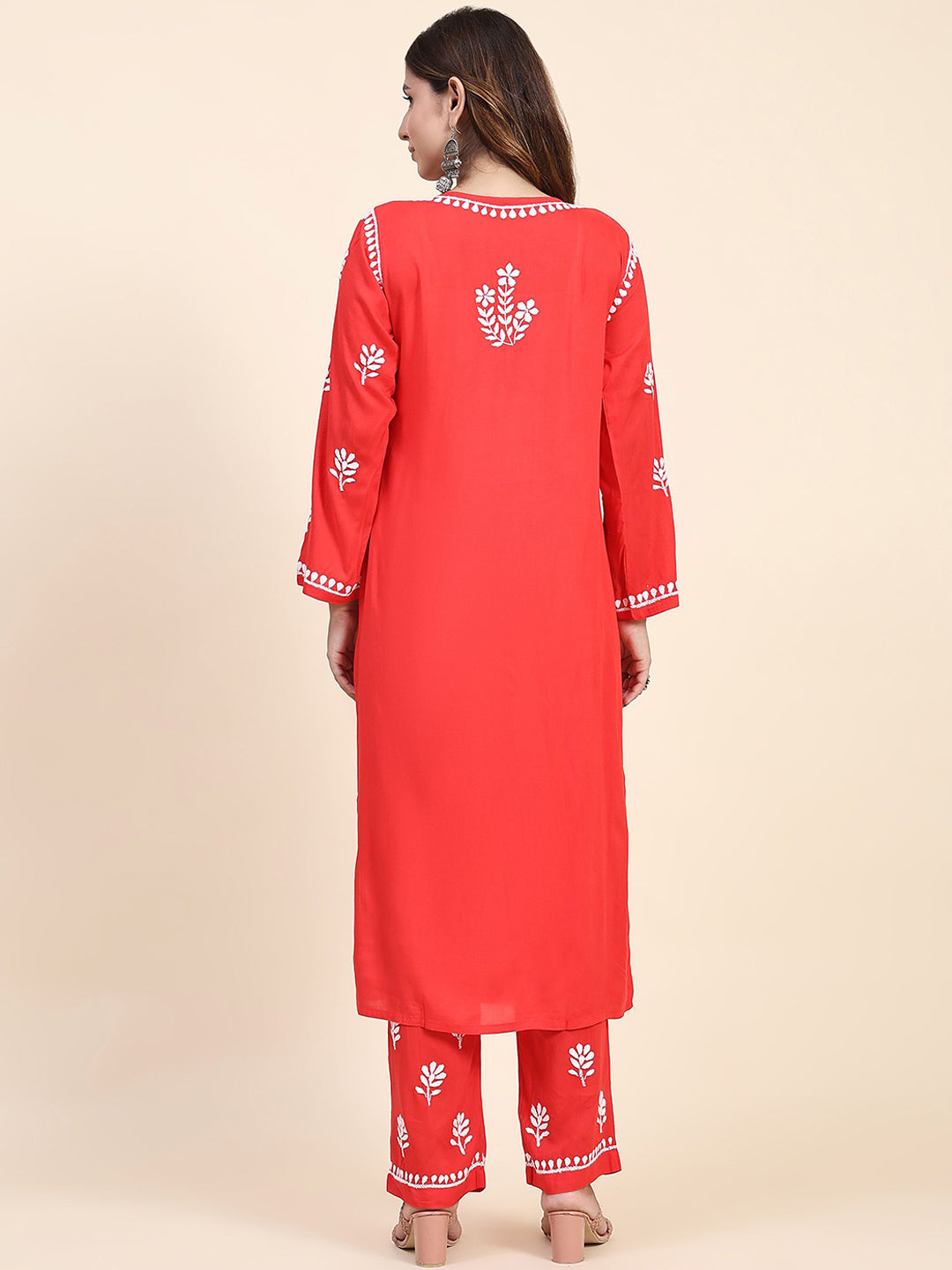 HOUSE OF KARI Floral Embroidered Chikankari Pure Cotton Straight Kurta With Trousers - Distacart