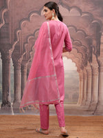 Thumbnail for Vishudh Rose Embroidered Straight Kurta with Trouser & Dupatta - Distacart
