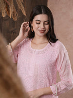 Thumbnail for ADA Women Pink Chikankari Hand Embroidered Straight Kota Handloom Kurta With Matching Slip - Distacart