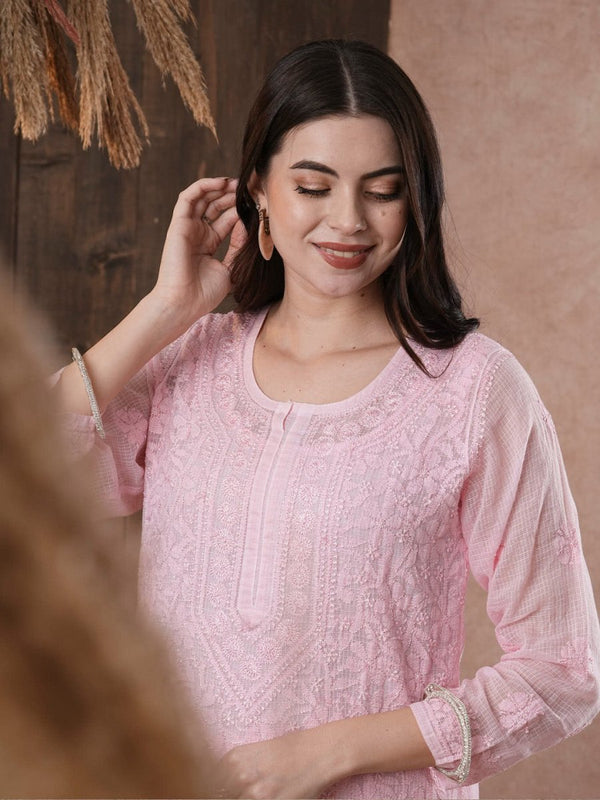 ADA Women Pink Chikankari Hand Embroidered Straight Kota Handloom Kurta With Matching Slip - Distacart