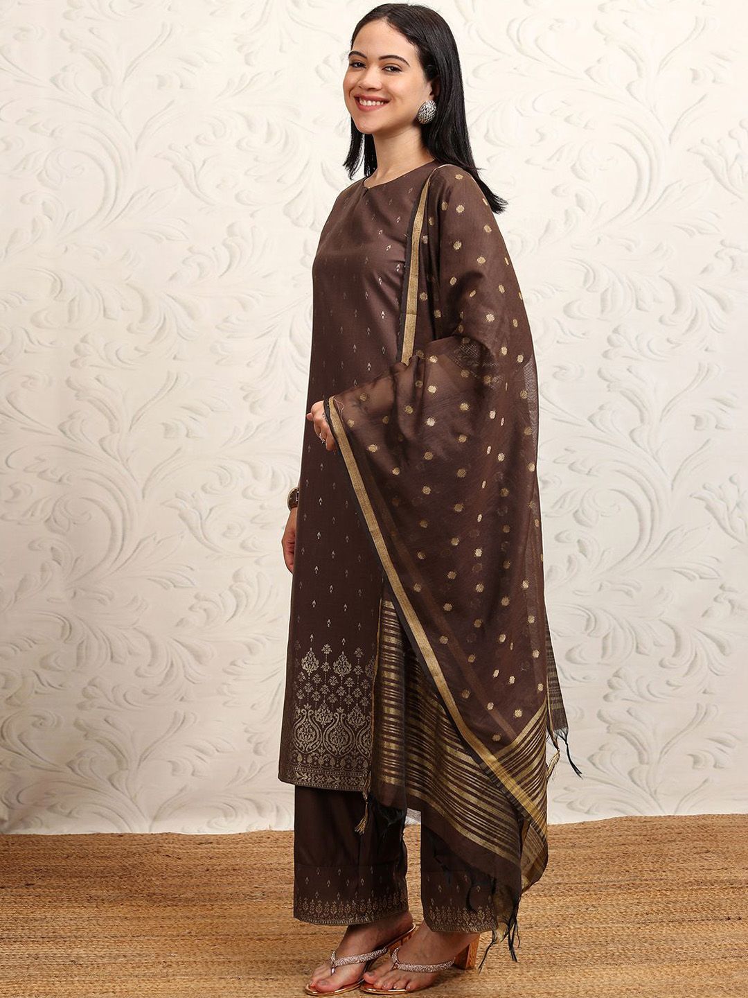 Vishudh Brown Ethnic Motifs Printed Keyhole Neck Straight Kurta With Palazzos & Dupatta - Distacart