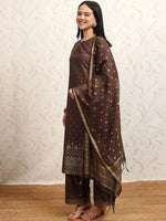 Thumbnail for Vishudh Brown Ethnic Motifs Printed Keyhole Neck Straight Kurta With Palazzos & Dupatta - Distacart