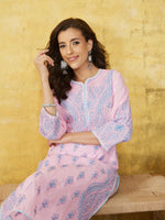 Thumbnail for ADA Women Pink & Blue Chikankari Hand Embroidered Semi-Sheer Straight Sustainable Handloom Kurta - Distacart