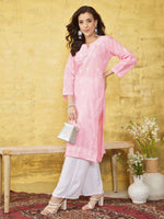 Thumbnail for ADA Women Pink & White Chikankari Embroidered Straight Sustainable Handloom Kurta - Distacart