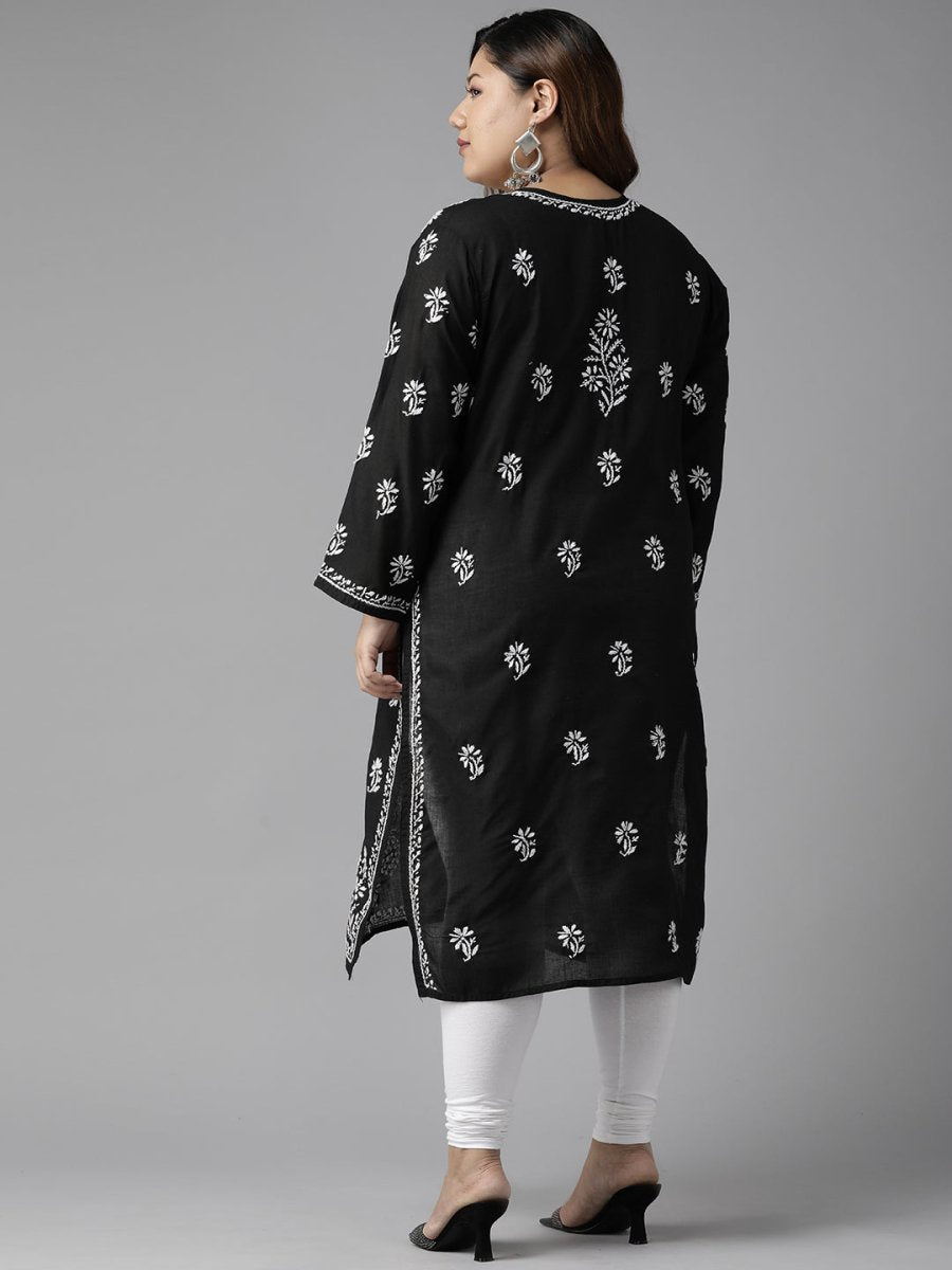 ADA Women Plus Size Black Floral Embroidered Chikankari Kurta - Distacart