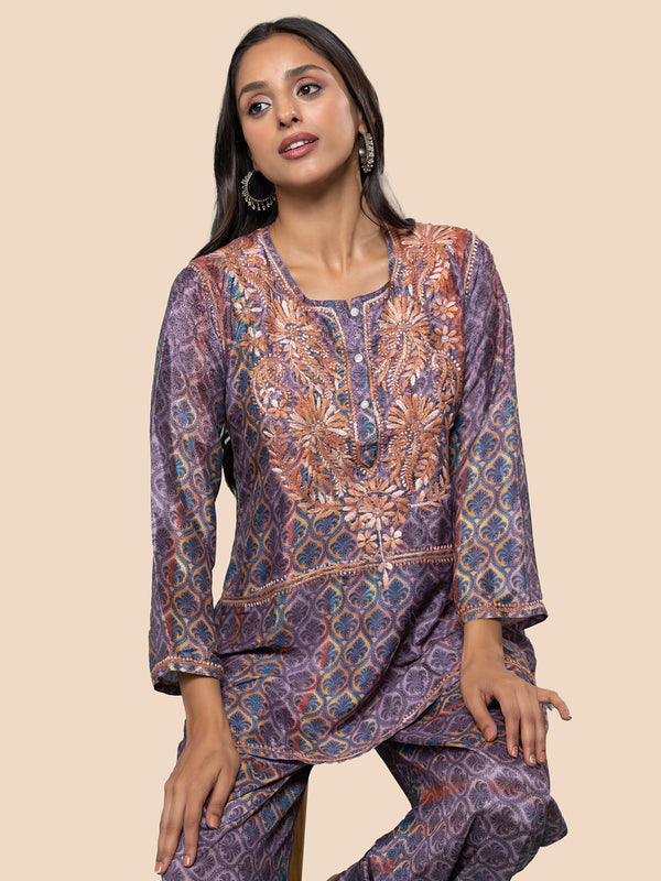 HOUSE OF KARI Floral Embroidered Regular Chikankari Straight Kurta with Palazzos - Distacart