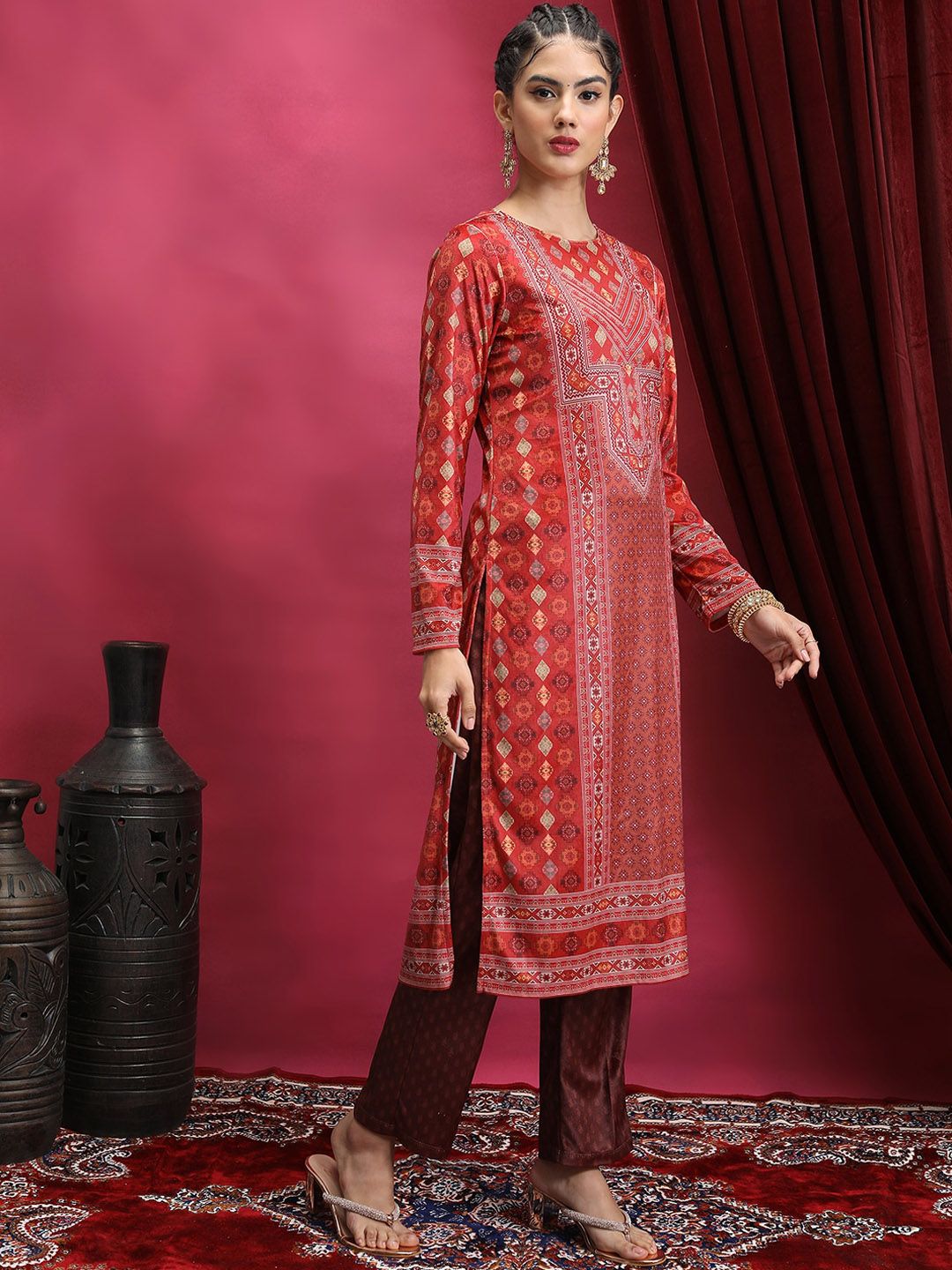 Vishudh Red Ethnic Motifs Printed Neck Straight Kurta - Distacart