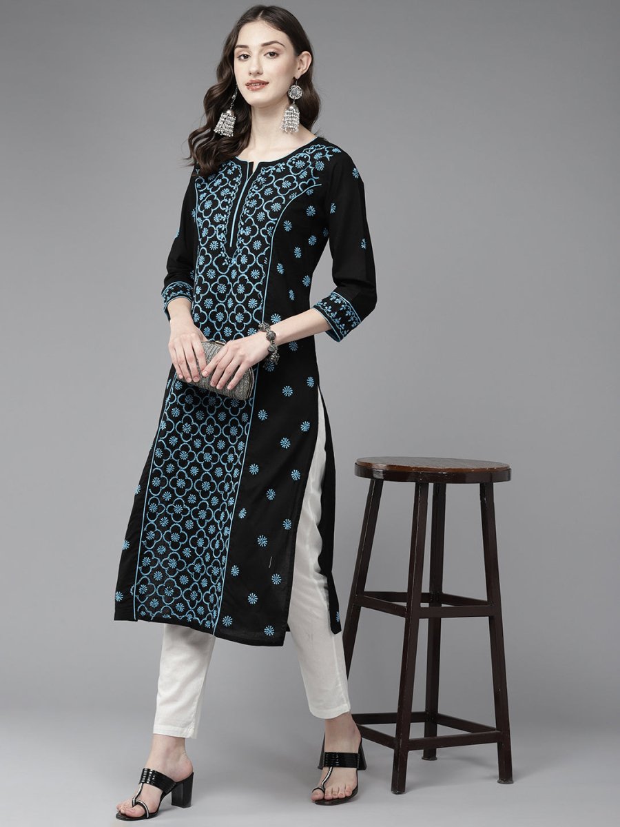 ADA Women Floral Embroidered Cotton Chikankari Kurta - Distacart