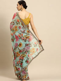Thumbnail for Anouk Sea Green & Yellow Pure Georgette Floral Printed Saree - Distacart