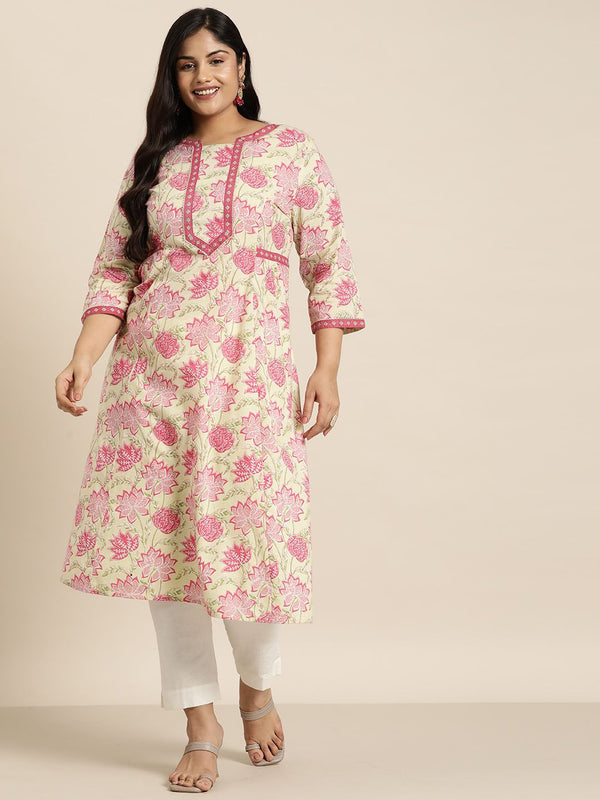 Sztori Plus Size Cotton Floral Print Gotta Patti Kurta - Distacart