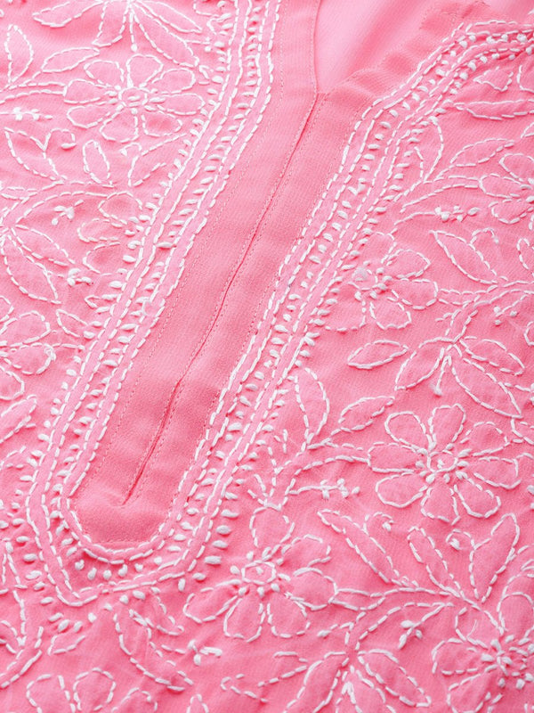 ADA Women Pink & White Chikankari Embroidered Straight Sustainable Handloom Kurta - Distacart