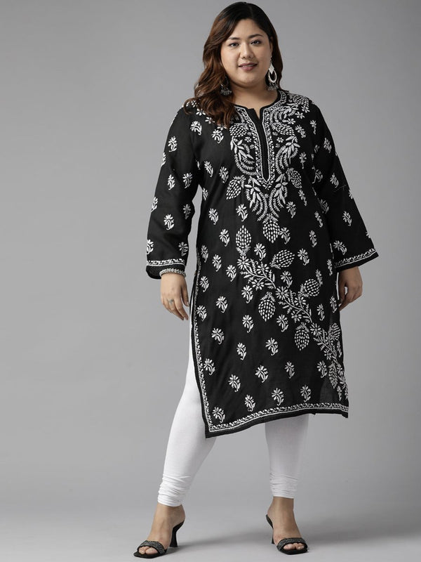 ADA Women Plus Size Black Floral Embroidered Chikankari Kurta - Distacart