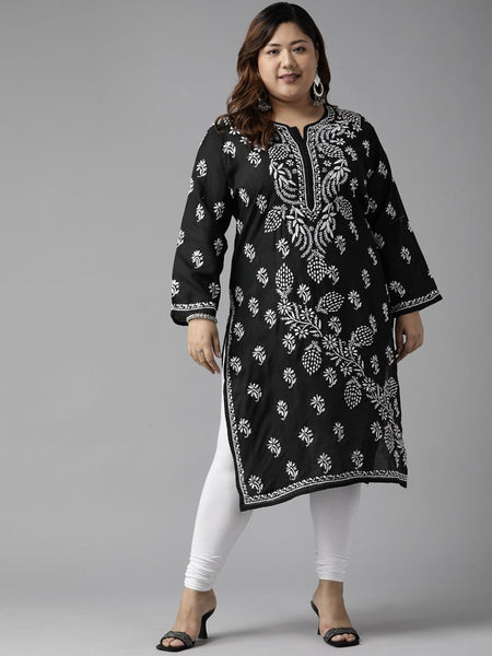 ADA Women Plus Size Black Floral Embroidered Chikankari Kurta - Distacart