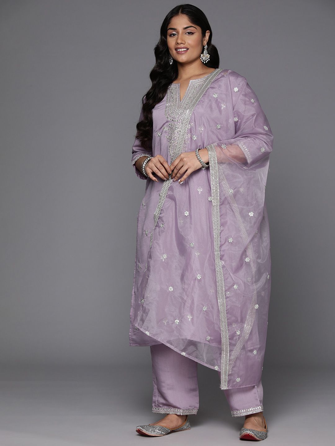 Indo Era Plus Size Embroidered Regular Sequinned Kurta with Trousers & With Dupatta