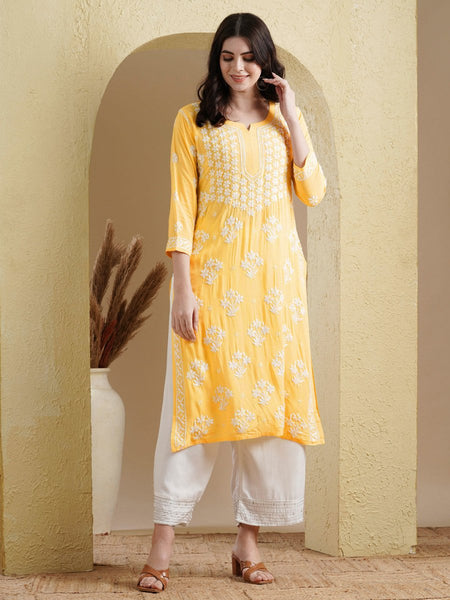 ADA Floral Lucknowi Chikankari Straight Kurta - Distacart