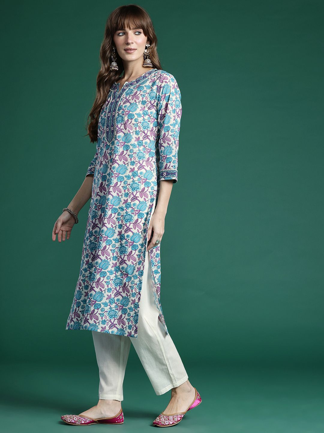 Indo Era Floral Printed Regular Pure Cotton Kurta with Trousers & Dupatta