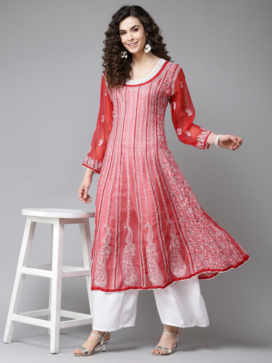 ADA Women Red & White Ethnic Motifs Embroidered Chikankari Georgette Kurta - Distacart