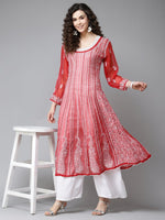 Thumbnail for ADA Women Red & White Ethnic Motifs Embroidered Chikankari Georgette Kurta - Distacart