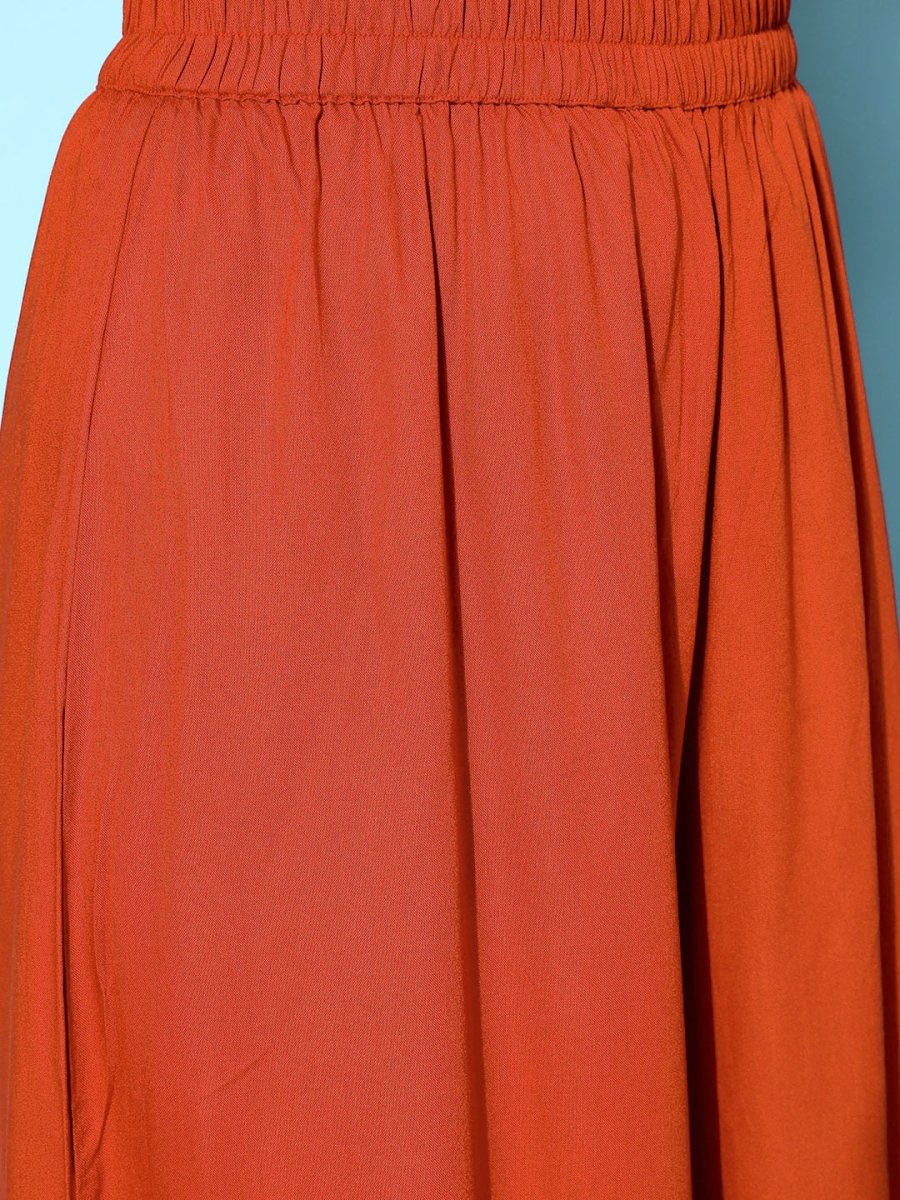 All About You Brick Red Printed Dipped Hem Veere Di Wedding A-Line Kurta with Palazzos - Distacart