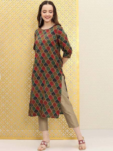 Ode by House of Pataudi Ethnic Motifs Printed Boat Neck Mirror Work Detailed Kurta - Distacart