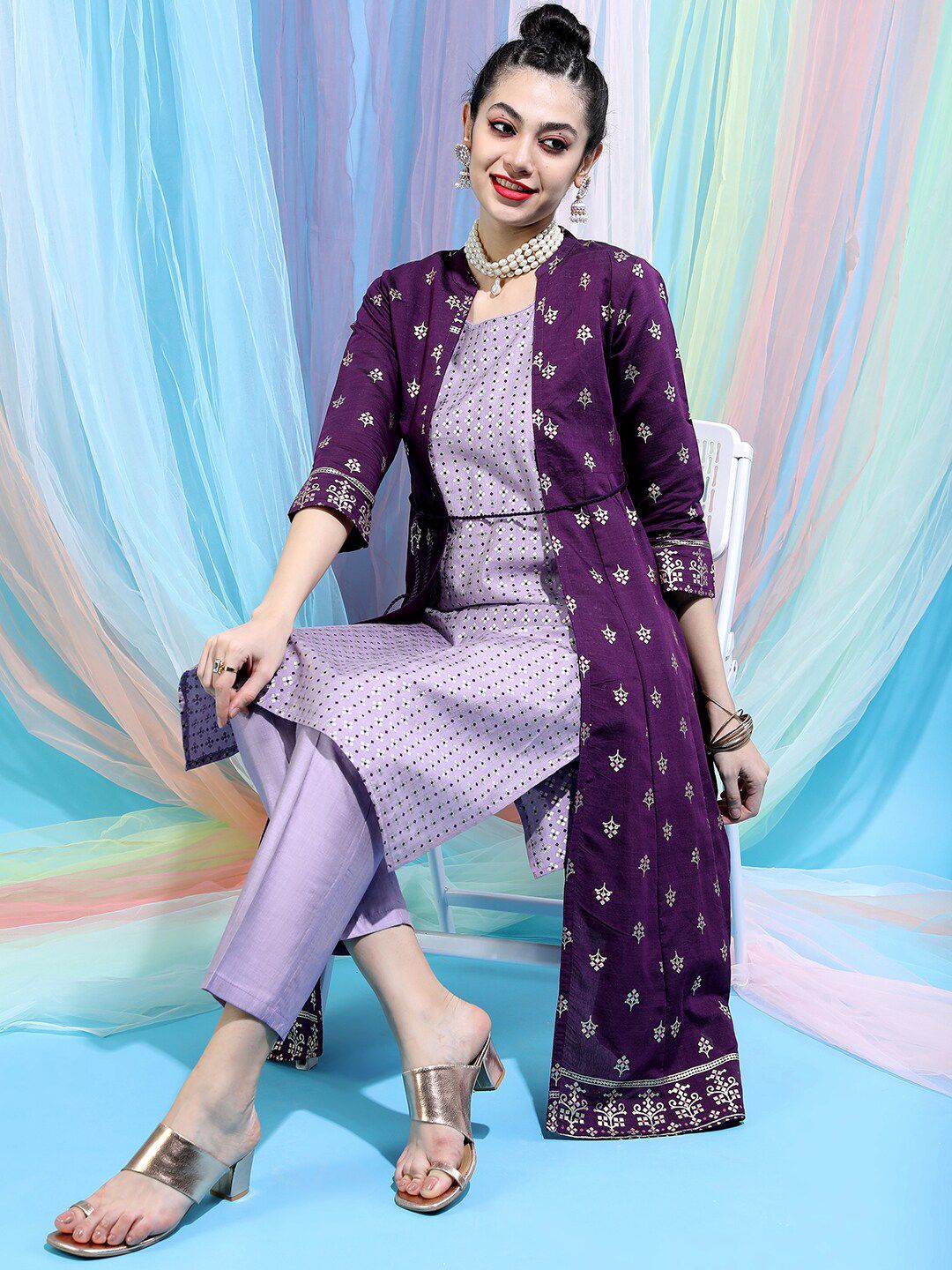 Vishudh Women Ethnic Motifs Printed Empire Kurta with Trousers & Jacket - Distacart