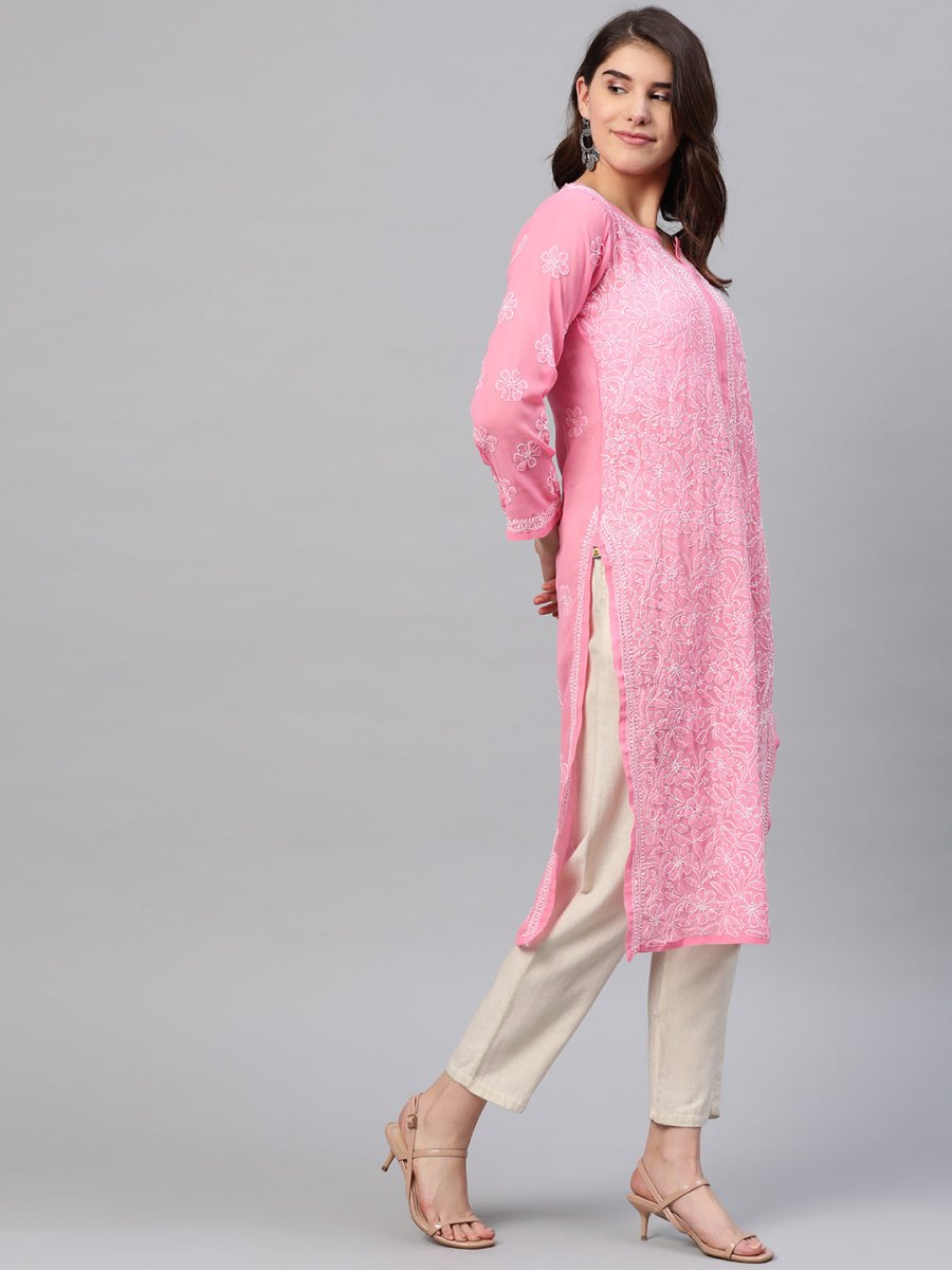 ADA Women Pink & White Chikankari Embroidered Straight Sustainable Handloom Kurta - Distacart