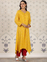 Thumbnail for Ode by House of Pataudi Ethnic Motifs Printed V-Neck Asymmetric A-Line Kurta - Distacart