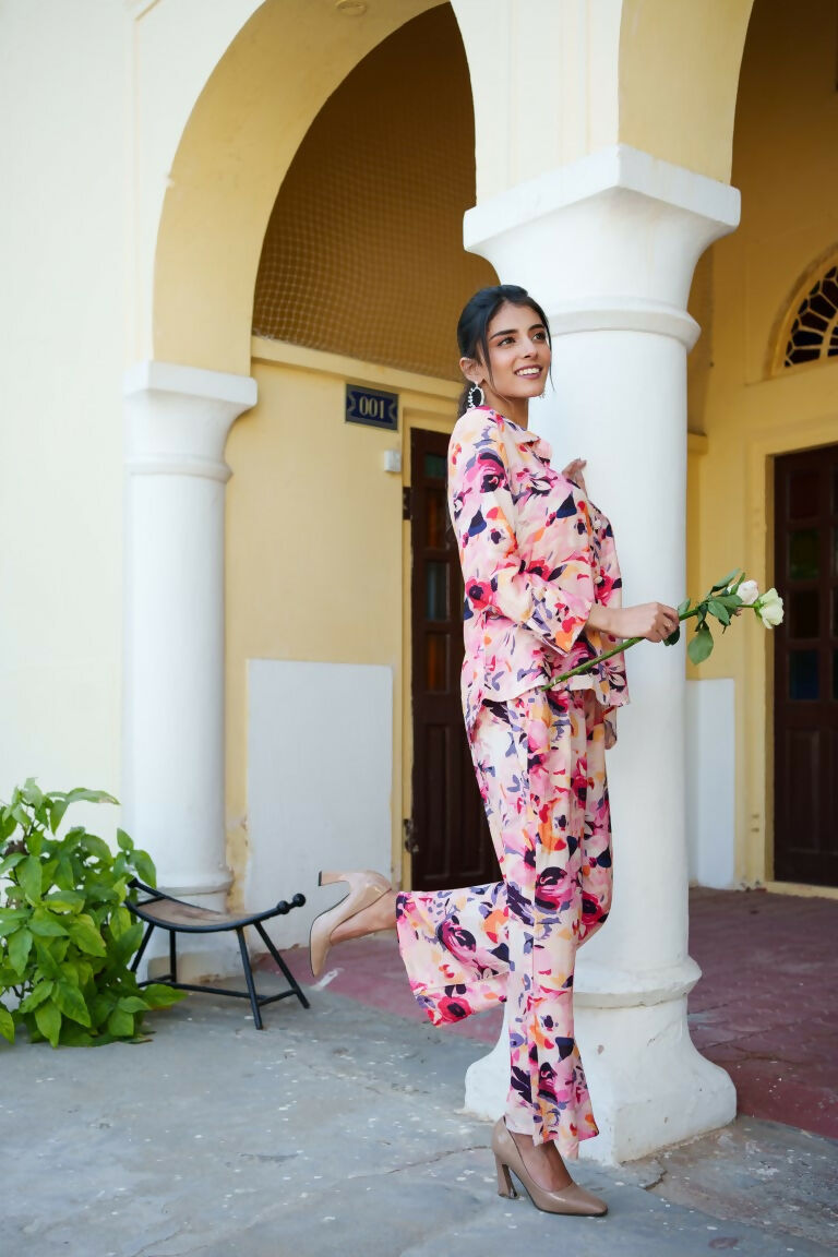 Vaasva Women Peach Muslin Floral Shirt & Pant Set - Distacart