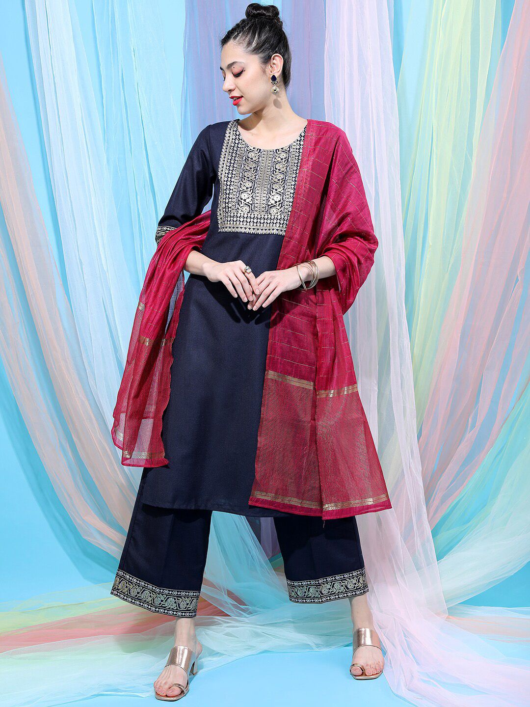 Vishudh Navy Blue Ethnic Motifs Yoke Design Straight Kurta With Palazzos & Dupatta