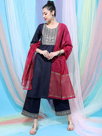 Thumbnail for Vishudh Navy Blue Ethnic Motifs Yoke Design Straight Kurta With Palazzos & Dupatta
