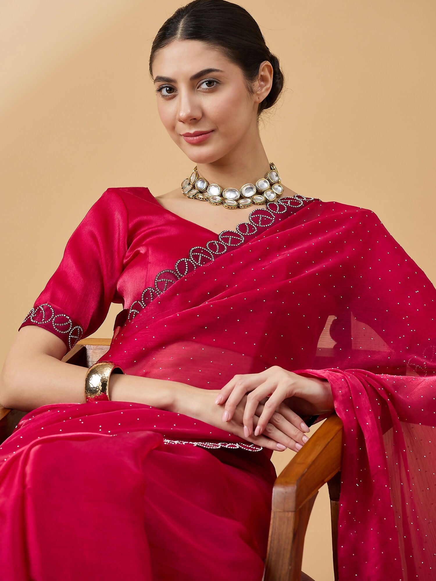Pink Organza Swaroski Diamond Work Saree with Unstitched Blouse - Radha - Distacart