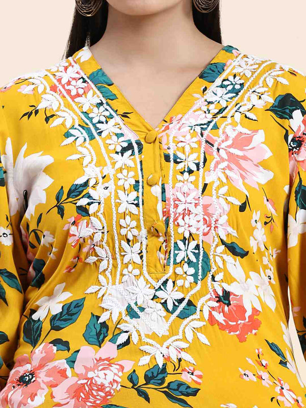 HOUSE OF KARI Floral Printed Chikankari Regular Straight Pure Cotton Kurta with Trousers - Distacart