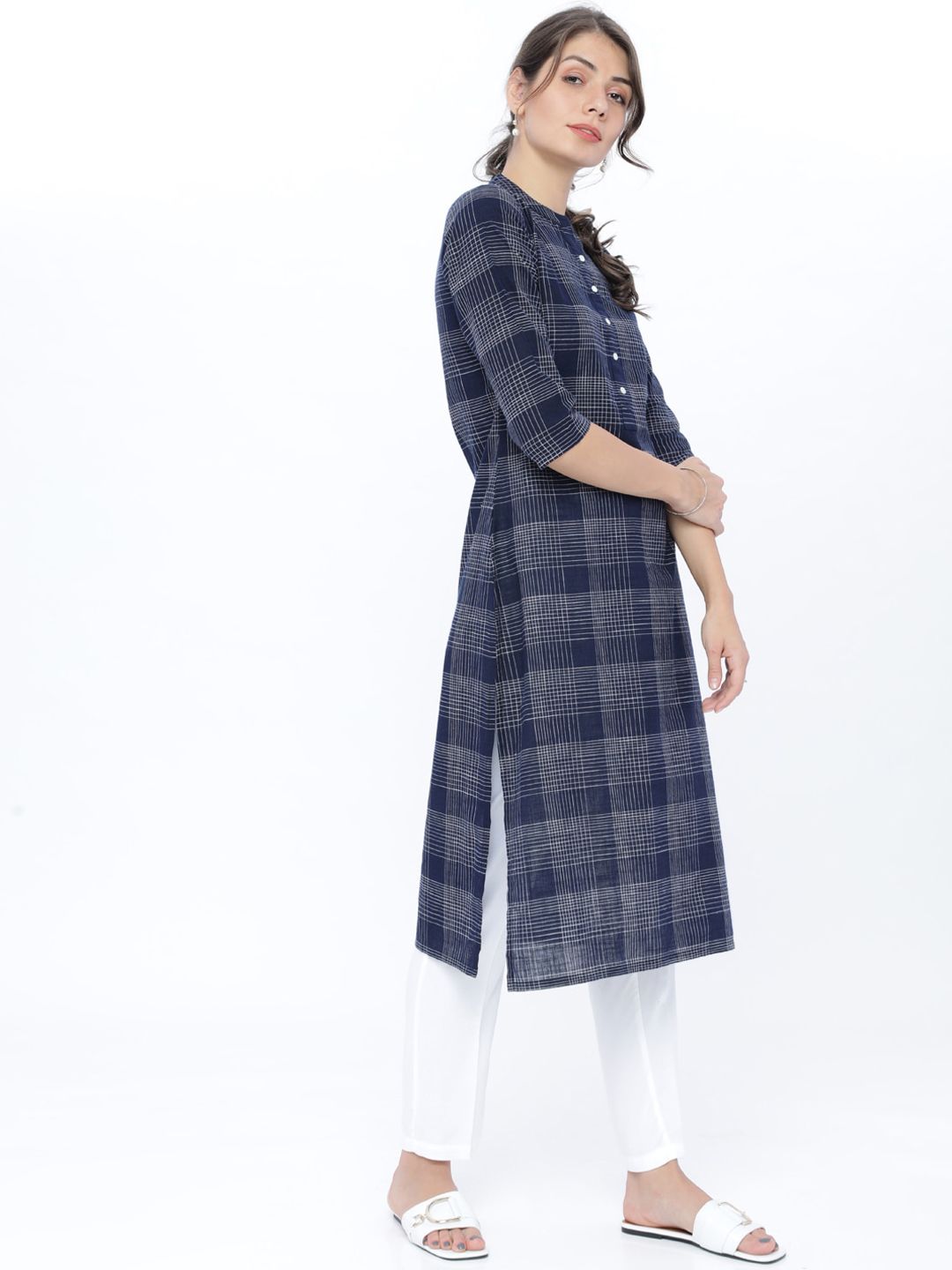Vishudh Women Navy Blue Checked Kurta - Distacart