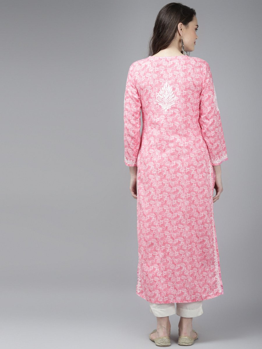 ADA Women Pink & White Floral Chikankari Cotton Handloom Kurta - Distacart